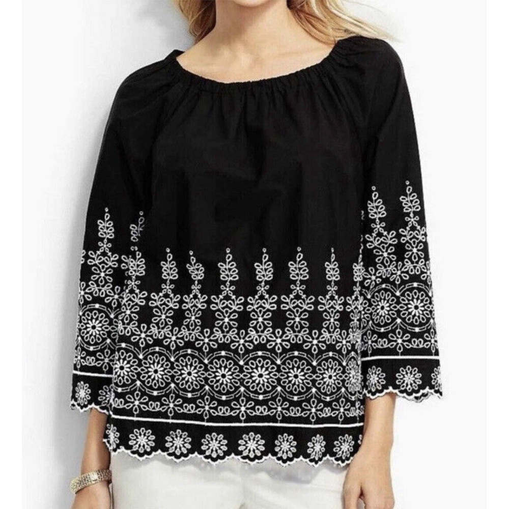 Talbots Women's Black 100% Cotton Blouse White Embroidered‎ Top 3/4 Sleeve XS